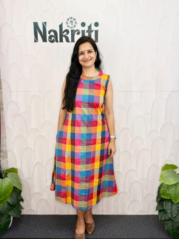 N2175 Madras checked cotton A line kurti
